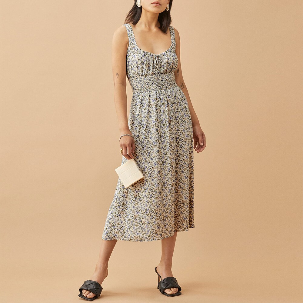 Sleeveless Tank Print Chiffon Summer Dress Waist Casual Midi Dress
