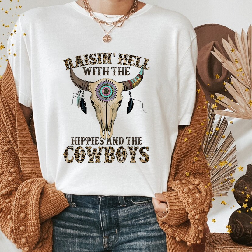 Western Shirts Boho Cow Skull Shirt with Leopard Print Short Sleeve