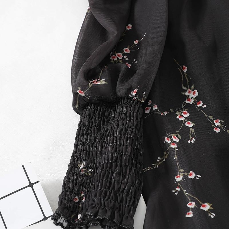 Black Mini Dresses  Vintage Flower Long Puff Sleeve Chiffon Dresses