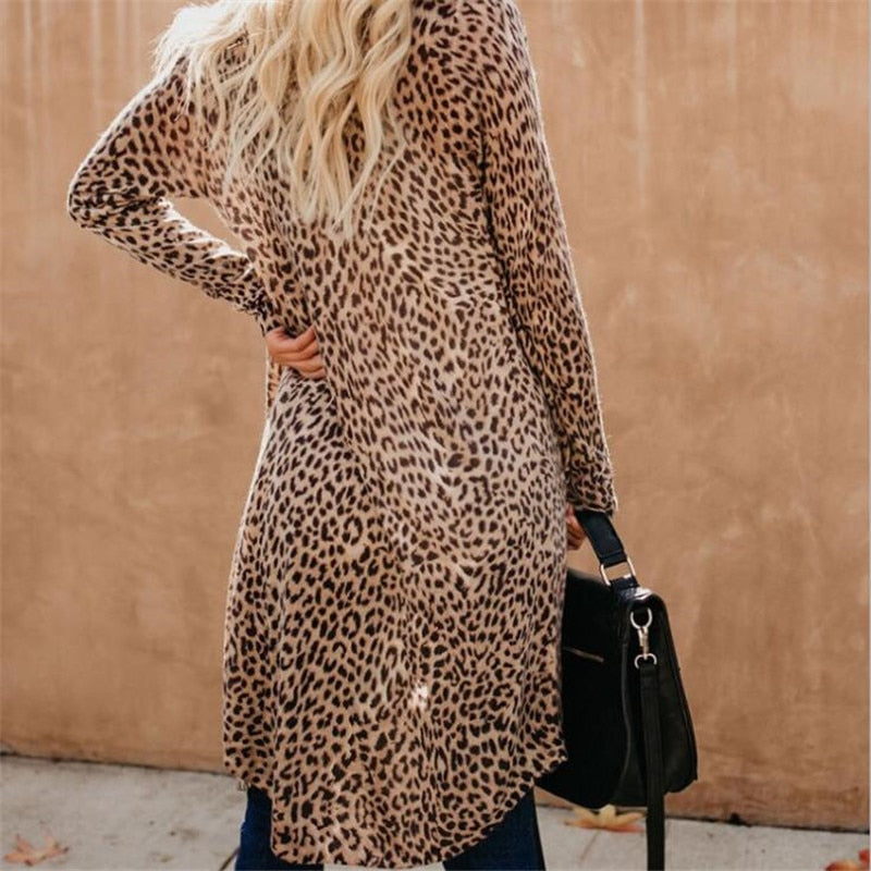Women Cardigan  Long Sleeve Leopard Kimono Shawl Loose Tops Blouse Coat