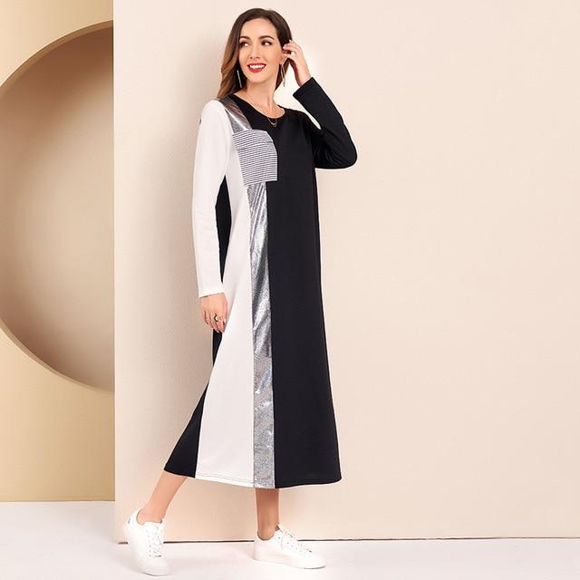 Women Casual Dress Sequin Panel Colorblock O Neck Long Sleeve Maxi Dresses