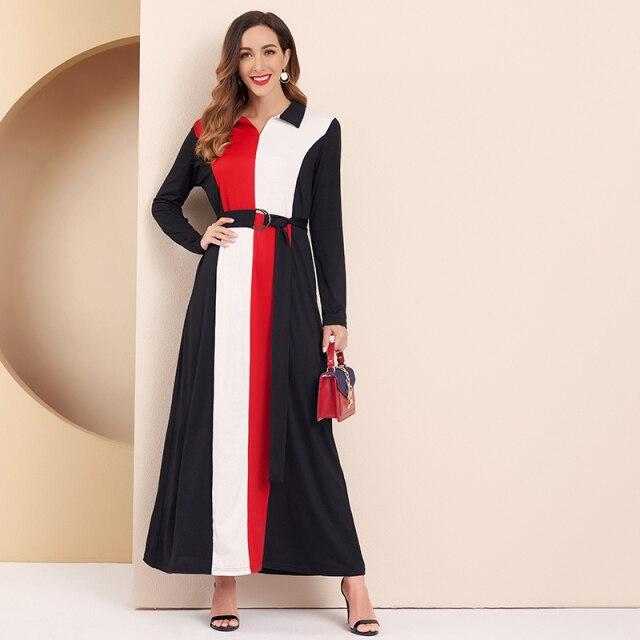 Women Dress Office Lady Elegant Color Block Turn-down Collar Long Sleeve Belted Maxi Dress