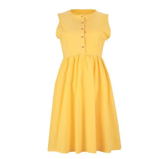 Women Dress Ruffled A Line Dress Sexy Sleeveless Button Yellow Solid Color Round Neck Sexy Dress Summer
