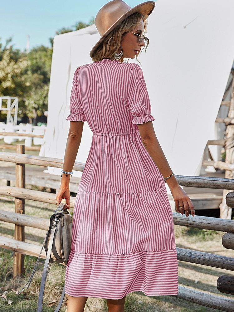 Elegant Striped Lantern Sleeve Summer Dress
