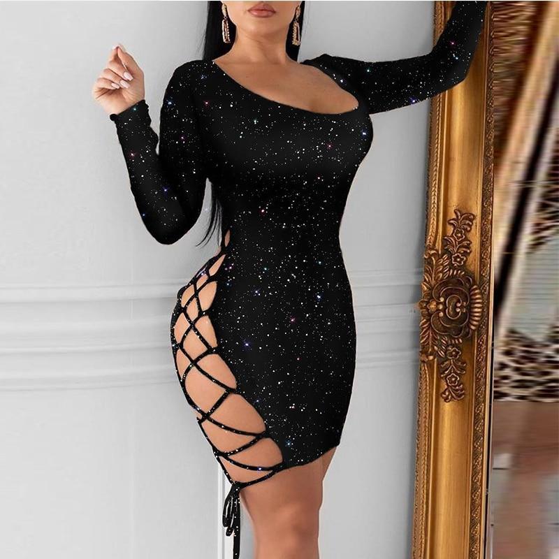 Women Glitter Lace-Up Dress Long Sleeve Backless Sexy Night Out Club Party Dress Bodycon Stretchy Mini Dresses Vestidos