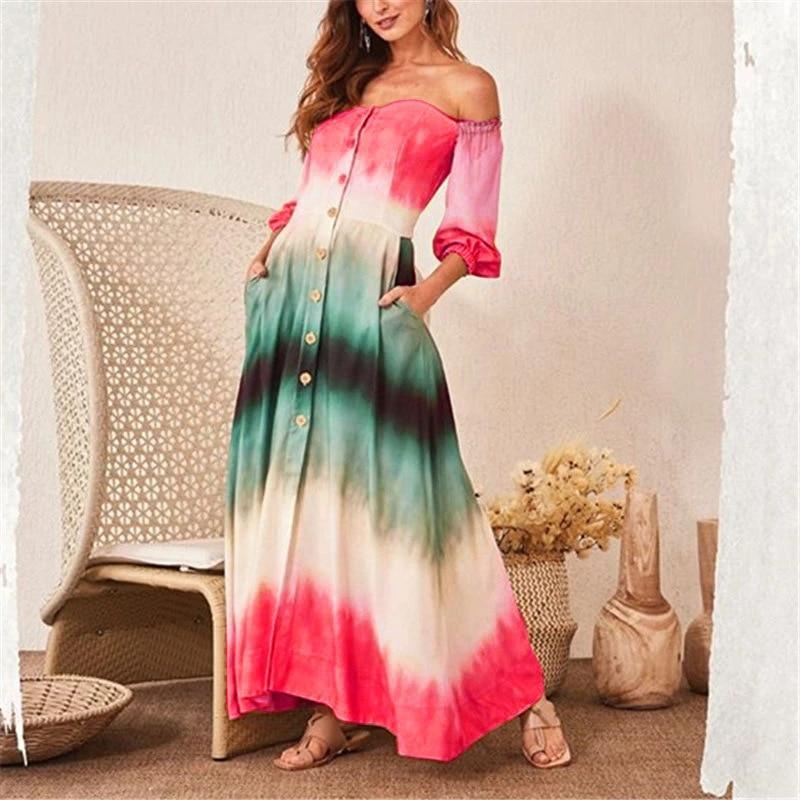 Women Gradation Color Off Shoulder Long Dress Single Breasted Long Sleeve Maxi Dress with Pocket Casual Summer Beach Robe Femme