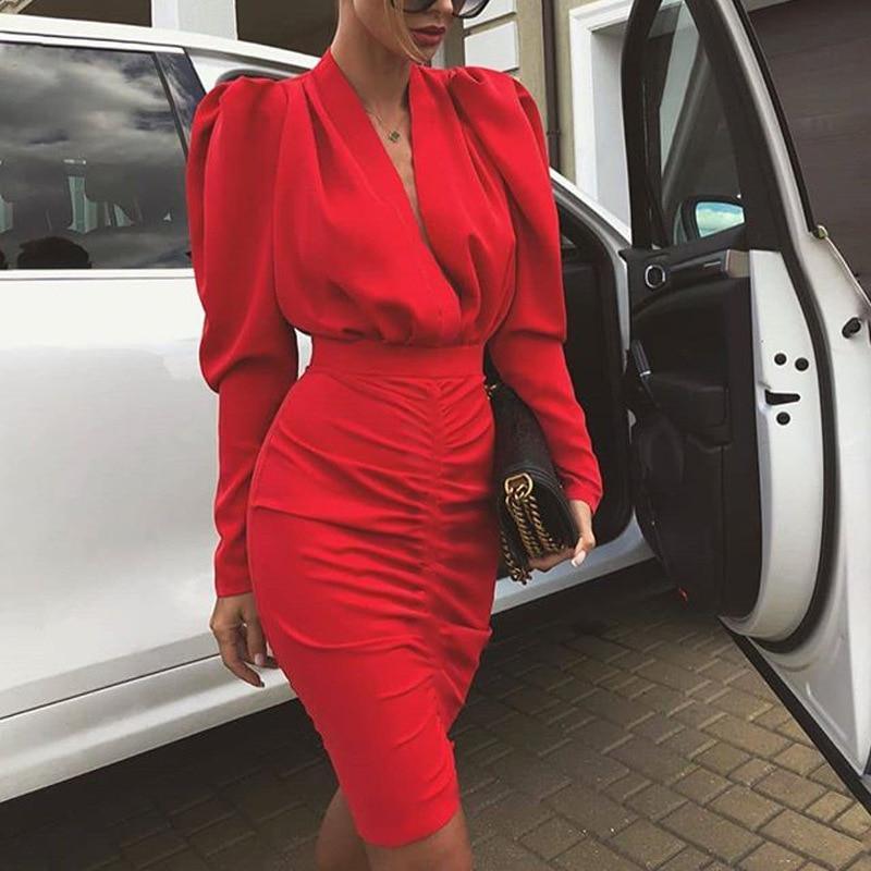 Women Leg-of-Mutton Sleeve Plunge Party Dress Slim Waist Ruched Bodycon Dress Solid Yellow Red Black Robe Femme