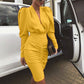 Women Leg-of-Mutton Sleeve Plunge Party Dress Slim Waist Ruched Bodycon Dress Solid Yellow Red Black Robe Femme