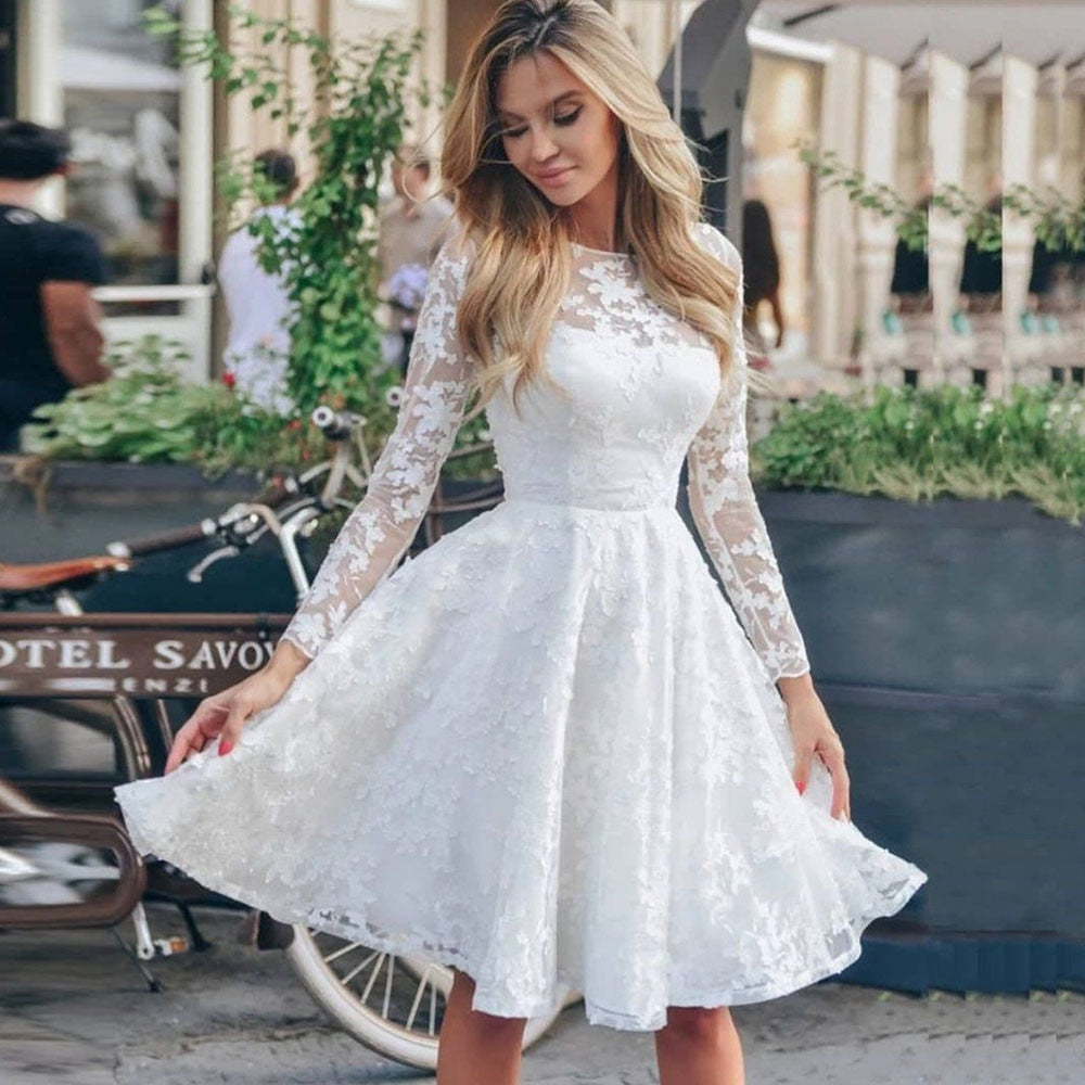 Women Sexy White Lace Hook Flower Hollow Patchwork Boho Long Sleeve Dresses Wedding Party