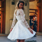 Women Sexy White Lace Hook Flower Hollow Patchwork Boho Long Sleeve Dresses Wedding Party