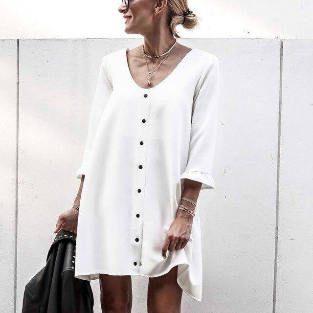 Women Office Wear Casual White Low Cut Button The Quarter Flare Sleeve Mini Dress Office Wear Ladies  Shirt Dress