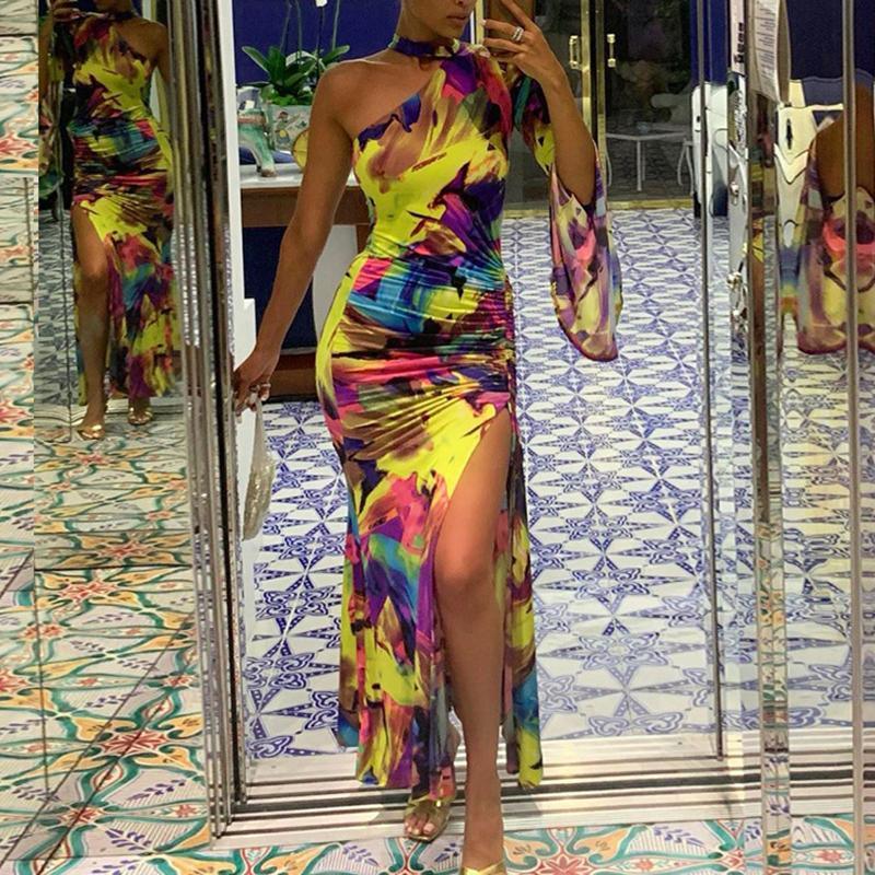 Women One Shoulder Slit Long Maxi Dress Chocker Neck Ruched Party Dress Long Sleeve Colorful Print Bodycon Stretchy Dresses