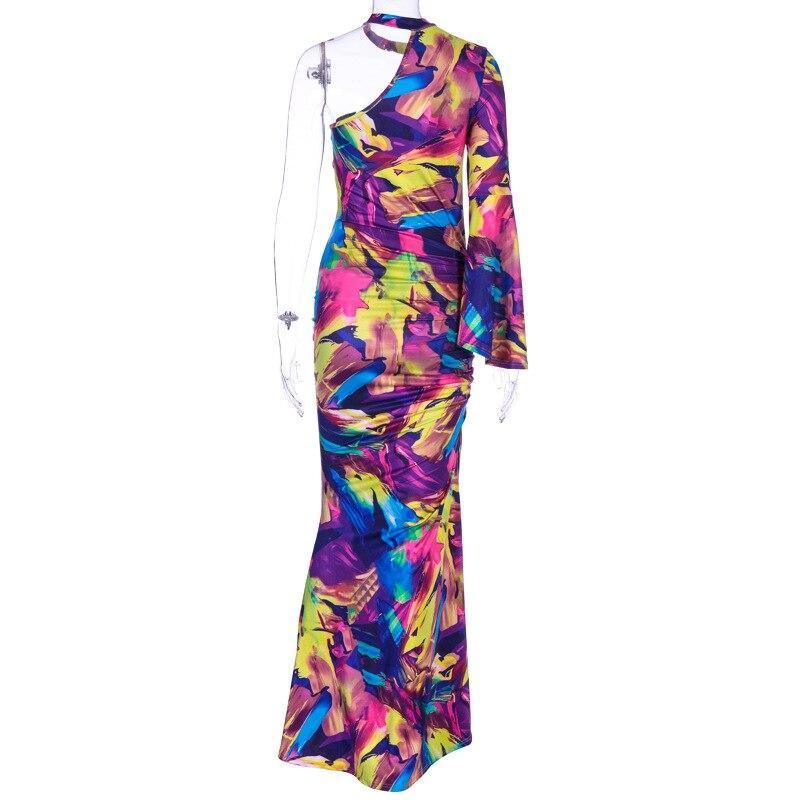 Women One Shoulder Slit Long Maxi Dress Chocker Neck Ruched Party Dress Long Sleeve Colorful Print Bodycon Stretchy Dresses