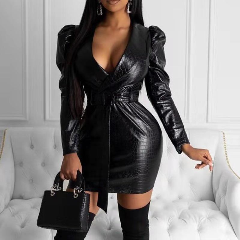 Women Pu Leather Dress with Belt Puff Sleeve Turn Down Collar Leather Dress Sashes Long Sleeve Black Pu Dresses Mini Vestidos