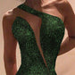 Women Hollow Out Irregular Party Dress Green One Shoulder Side Slit Sleeveless Sparkling Dress Stretchy Vestidos De Verano