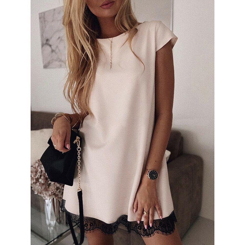 Women Short Sleeve Lace Party Crew Neck Bodycon Holiday Summer Beach OL Ladies Casual T-shirt Workout Dress