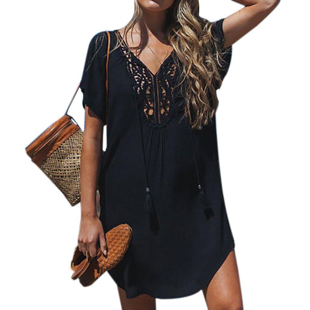 Women Short Sleeve Loose Mini Dress Ladies Summer Shirt Solid Casual V-Neck Holiday Beach Dress Sundress