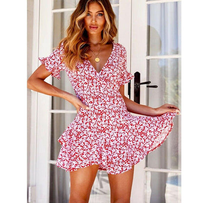 Women Short Sleeve V-Neck Wrap Boho Floral Mini Dress Fashion Ladies High Waist Holiday Summer Beach Sundress