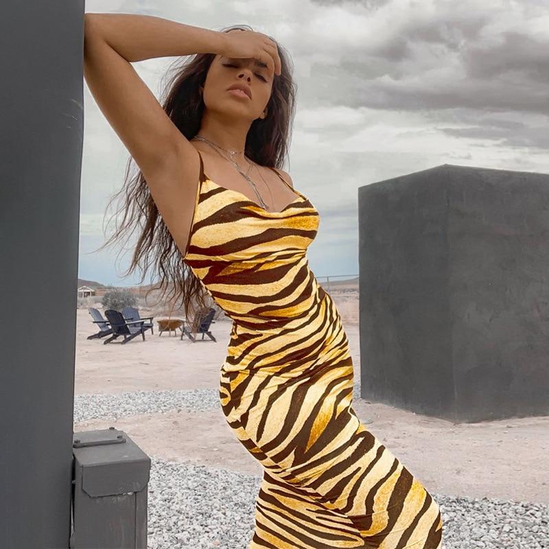 Women Sleeveless Sexy Summer Dress Ladies Casual Tiger Print Jersey Stretch Bodycon Holiday Long Maxi Dress