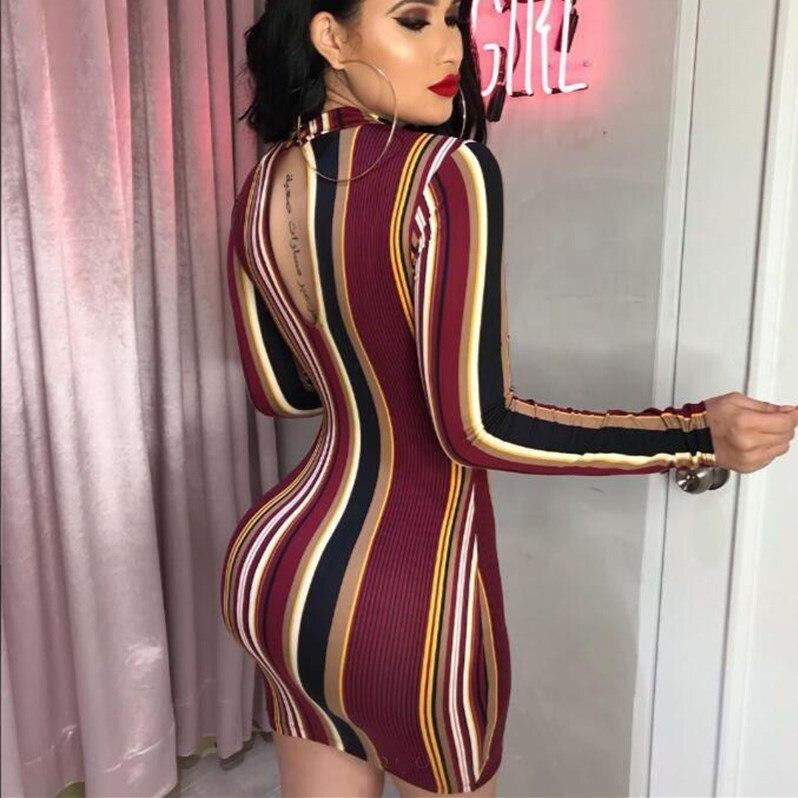 Women Stripe O-Neck Long Sleeve Bodycon Evening Party Backless Sexy Short Mini Dress Mix Color Striped Dress