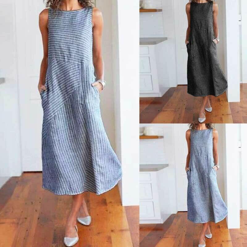Women Stripe Print Summer Bohemia Long Dress Ladies Casual Plus Size Pocket Loose Boho Beach Holiday Maxi Sundress