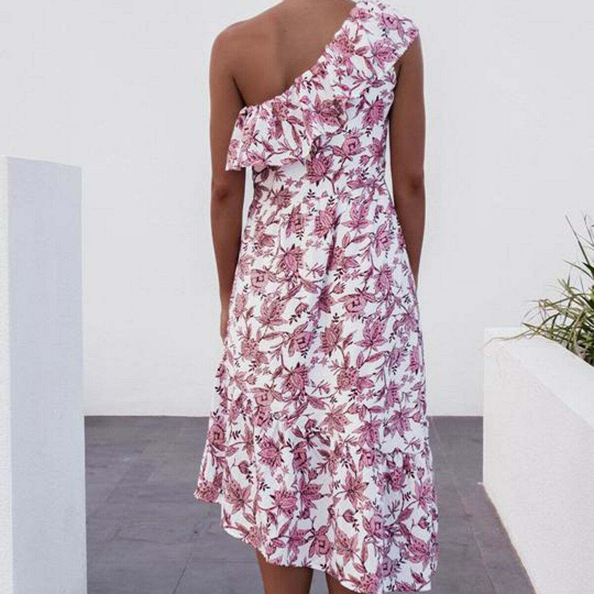 Women Summer Boho Floral Ruffle One Shoulder Sundress Ladies Casual High Waist Party Beach Bodycon Slim Dresses