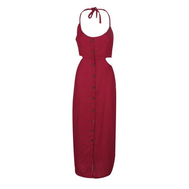 Women Summer Long Dress Red Sexy Spaghetti Strap Off Shoulder Halter Backless Bandage Split Dresses Button Casual Slim Vestidos