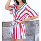 Women Summer Short Mini Dress Ladies Casual Beachwear Short Sleeve V-Neck Striped Casual Chiffon Sundress
