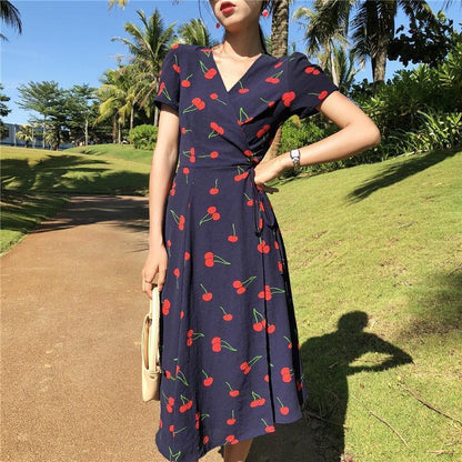 V Neck Short Sleeves Chiffon Bohemian Summer Print Cherry Female Dress