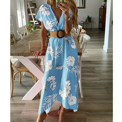 Women V-neck Boho Floral Belted Maxi Dress Summer Ladies Casual Short Sleeve Party Beach Sundress Holiday Clothing