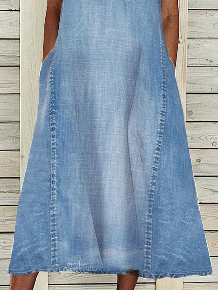 Women V-neck Sleeveless Midi Dress Spring Summer Denim Shrink-resistant Pockets