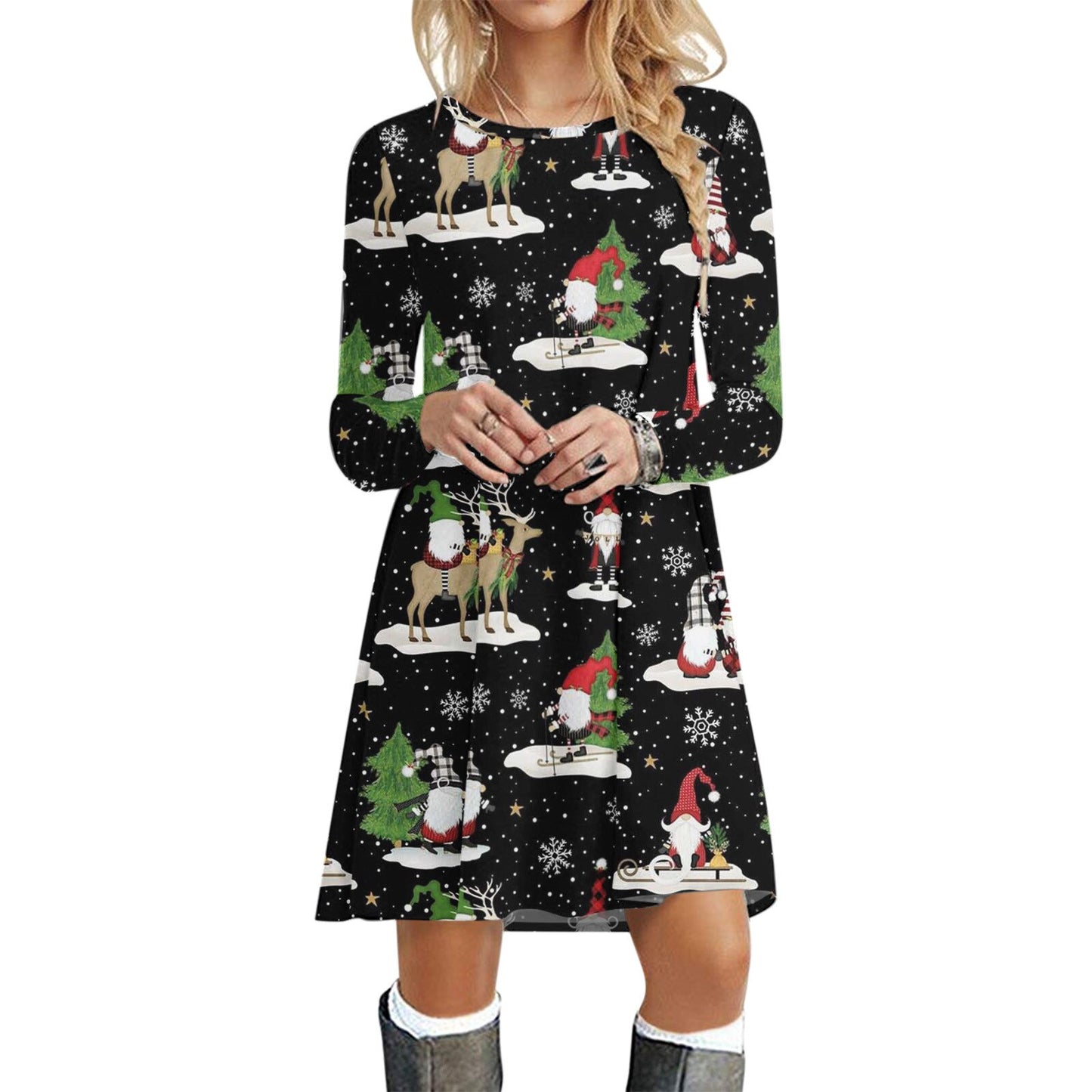 Women's Dress Casual Long Sleeve O-neck Christmas Print Ladies Loose Sweatshirt Blouse Dress Mini Swing Dress Woman Xmas Dresses