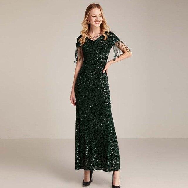 Sexy  V Neck Tassels Sleeves Sequined Fasshion Maxi Long Prom Dresses