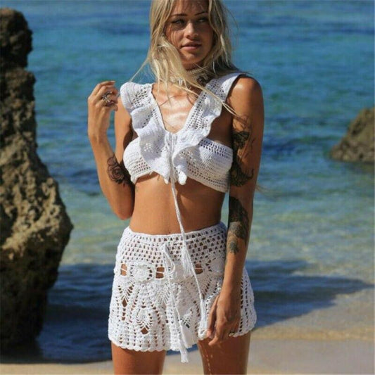 Women's Fashion Knitted Hollow Out Skirt Beach Swimming Cover up Summer Casual Short Mini Dress Skirt Bottom