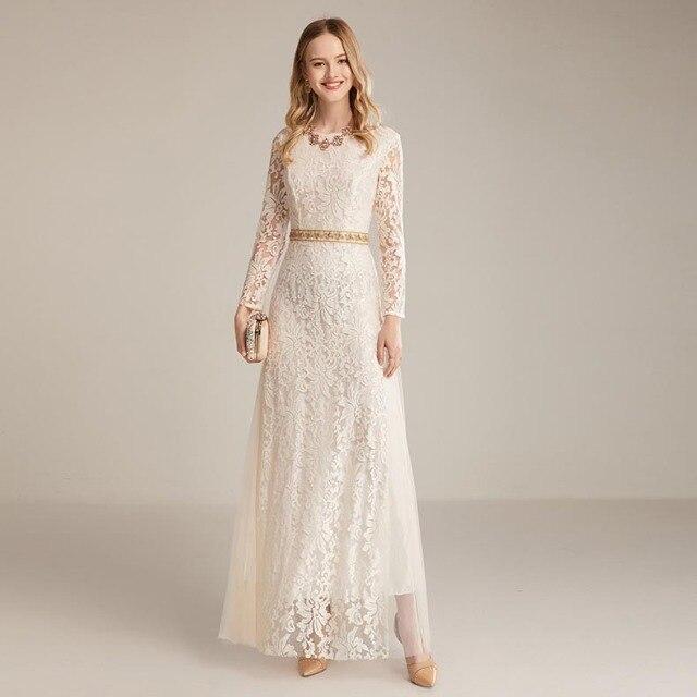 Long Sleeves Embroidery Lace Beaded Waist Elegant Fahion Maxi Dress
