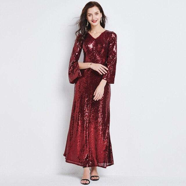 Sexy V Neck Long Sleeves Sequined Fashion Casual A Line Dress