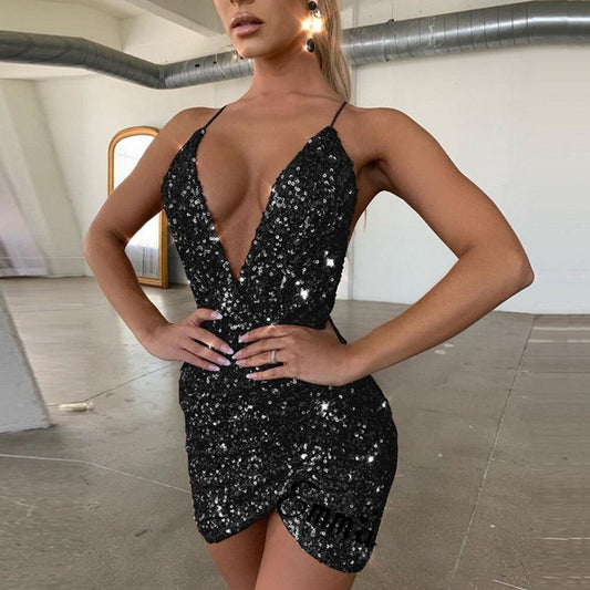 FashionSierra - Women's Sexy V Neck Straps Backless Bodycon Sequin Dress