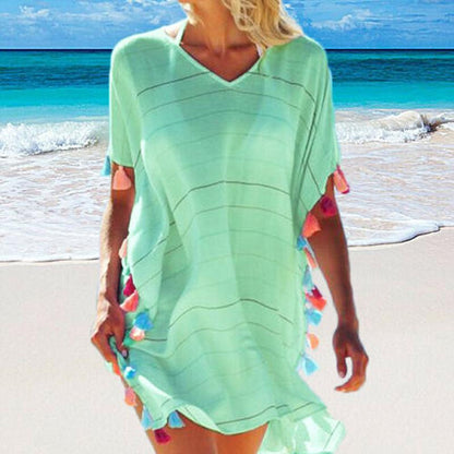 Women's Summer Beachwear Swimwear Bikini Cover Up Tassel Boho Casual Party Beach Loose Blouse Shirt Sundress