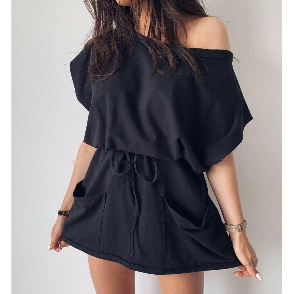 Women's Summer Pocket Solid Short Sleeve Mini Dress 2019 Fashion Ladies Casual Tops Tie Front Loose Sundress