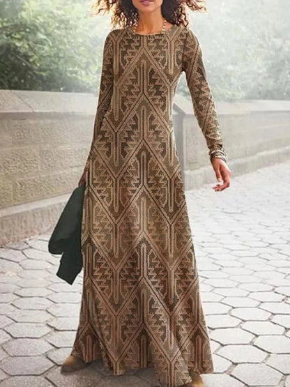 FashionSierra - 2024 Vintage Geometric Print Autumn O Neck Boho Dress