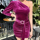 Women velvet dress with belt long sleeve one shoulder solid ruched party dress winter sexy mini pleated vestidos de verano