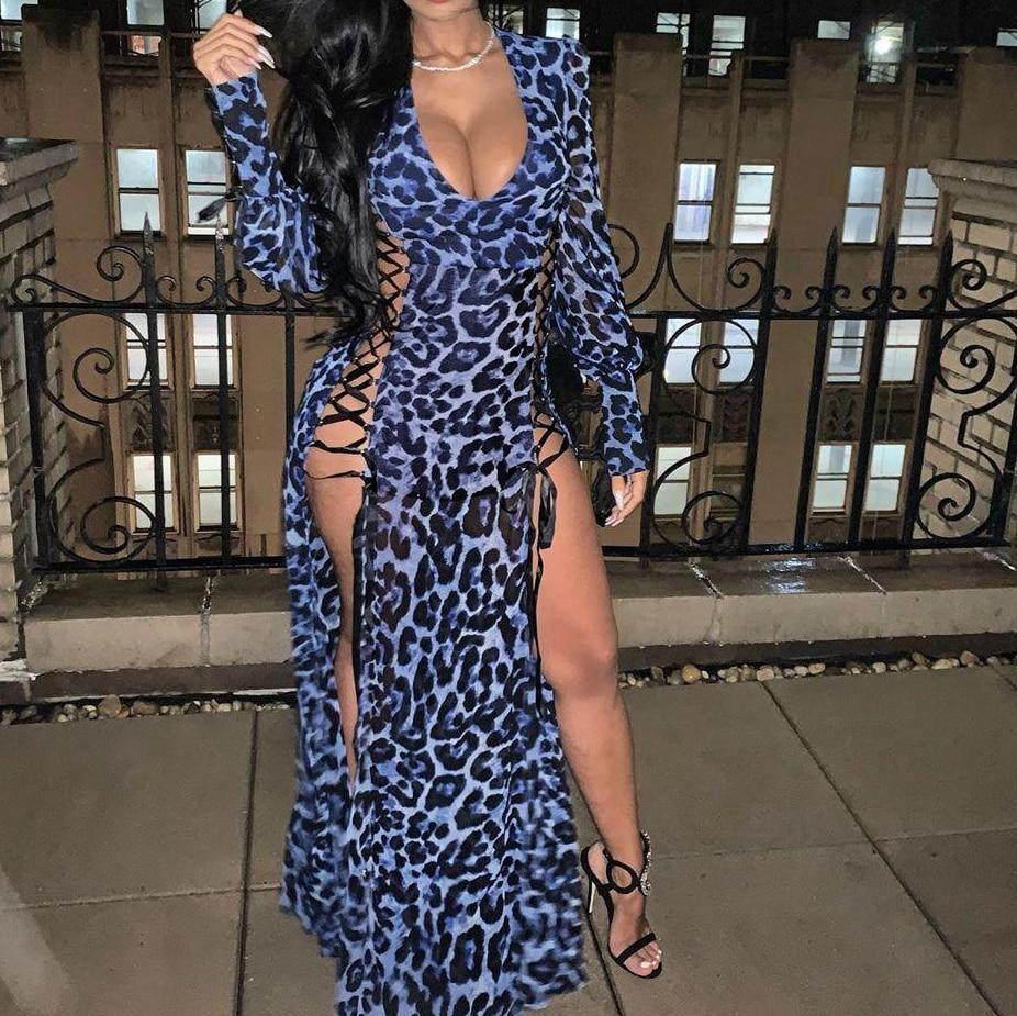 XXL Leopard Print Bandage Hollow Out  Dress Women Long Sleeve V-neck Split High Waits Maxi Dress Party Club Wear Robe Femme
