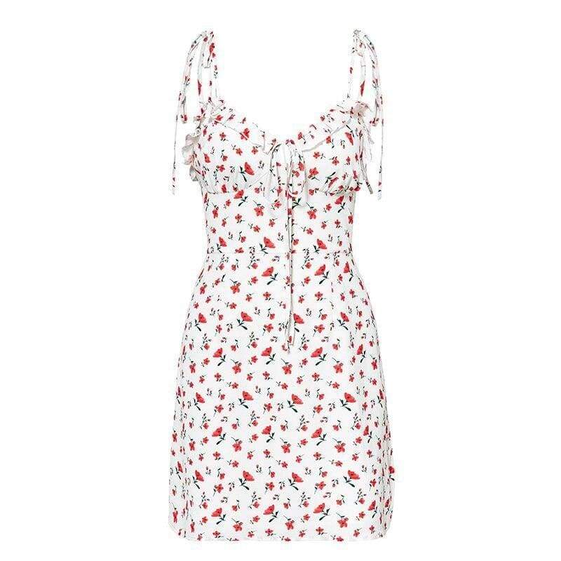 Floral Print Dress Shoulder Straps Slim Fit Mini Sweet Frill Dress