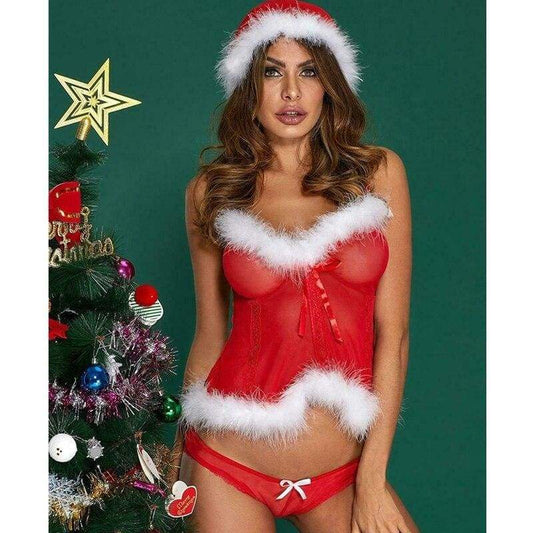 Plus Size S-3XL Women Xmas Lingerie Santa Claus Sleepwear Red Dress G-string Sets Christmas Party Erotic Wear
