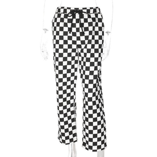 Plaid Zipper Checkered Straight Pants Women Elastic Casual Slim Pockets Long Pants Black White Pencil Pantalon Femme