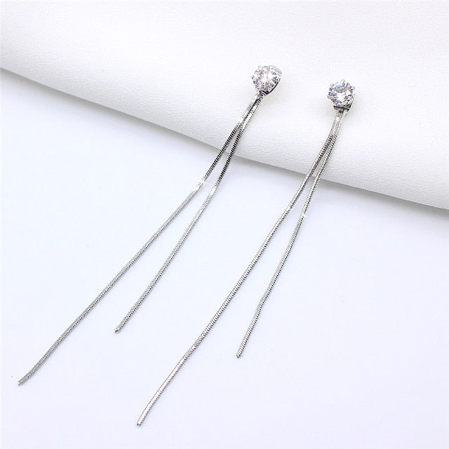 Long Silver Plated Crystal Leaf Tassel Drop Earrings
