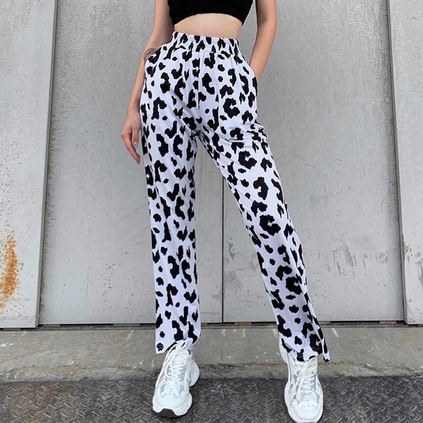 Fashion Women's Casual Cow Printed Harajuku Elastic High Waist Wide Leg Long Pants Trousers Streetwear