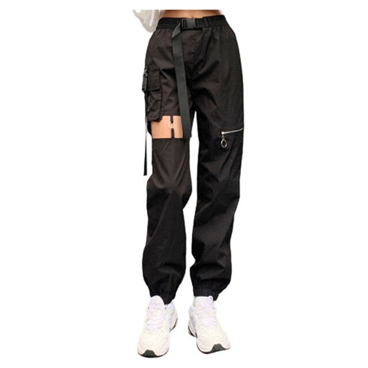 Women Pants High Waist Long Sweatpants Fashion Female Jogger Hollow Punk Workwear Belt Buckle Zipper Casual Pants Streetwear