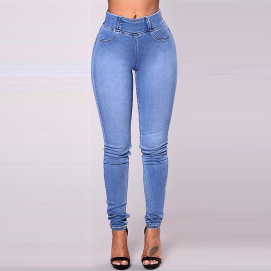 Women`s High Waist Basic Casual Fashion Stretch Skinny Denim Jean Trousers For Women Plain Elastic Waist Tight pencil pants