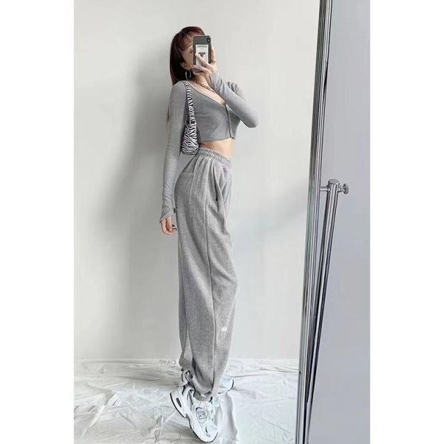 Loose women spring and autumn high-waist harem trousers padded pants pink blue solid stacked sweatpants cotton Straight